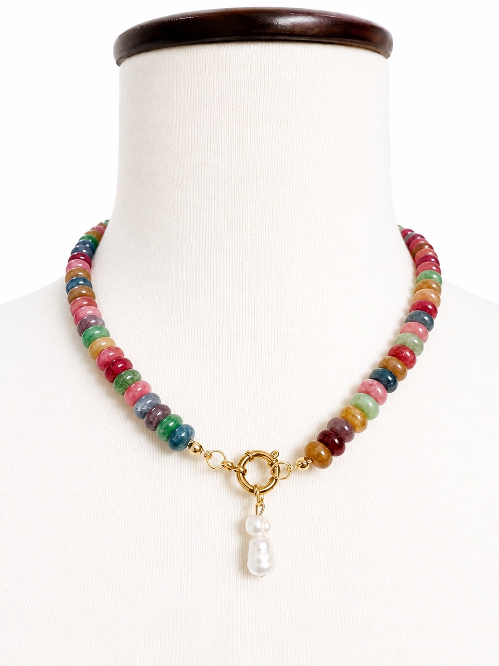 Hand Crafted Muti Color Glass Rainbow Stone Gold Toggle Beaded Necklace new!